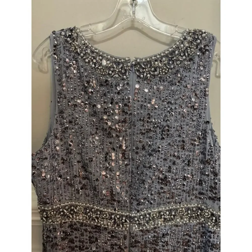 Mac Duggal Steel Blue Sequined Sleeveless Crew Neck Dress Formal Gown Size 14